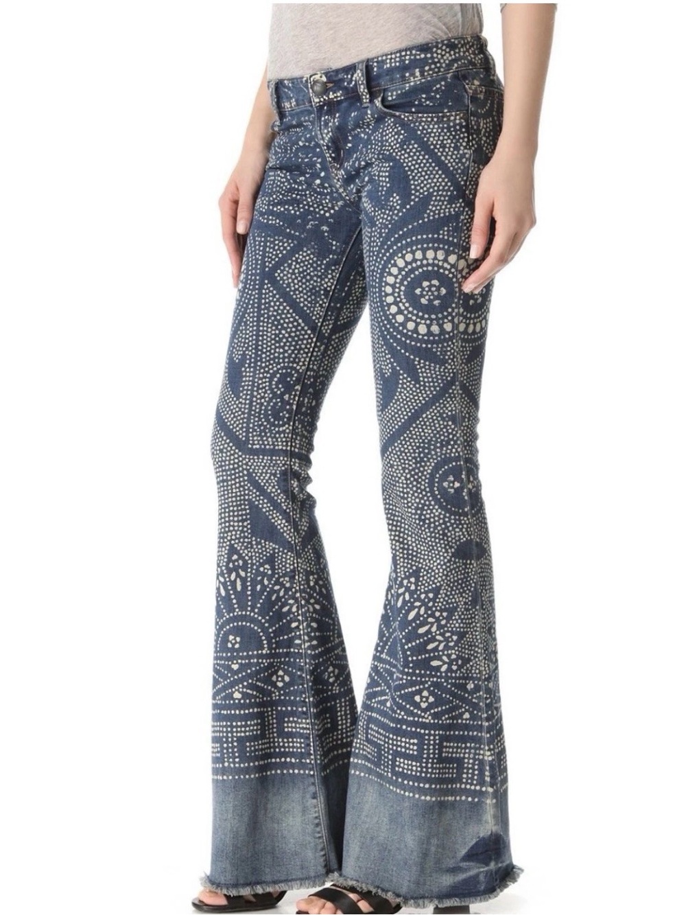 Free People Blue and White Printed Flare Jeans